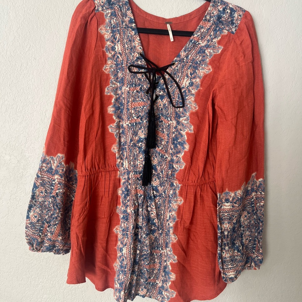Free People Wildest Moment Tunic Top Rust and Blue Lace-Up Blouse
